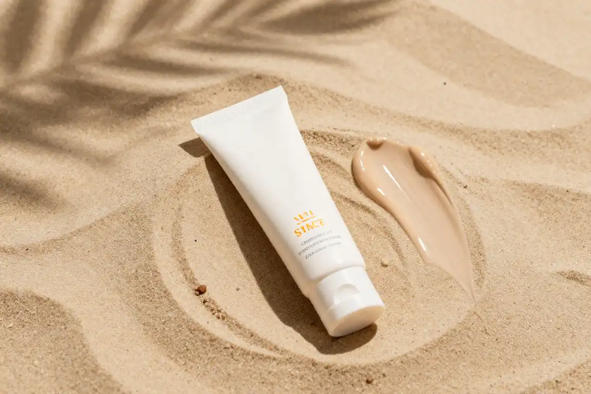 Tinted sunscreen SPF 50+ tubes for acne prone skin displayed on warm sand with a tinted liquid swatch.