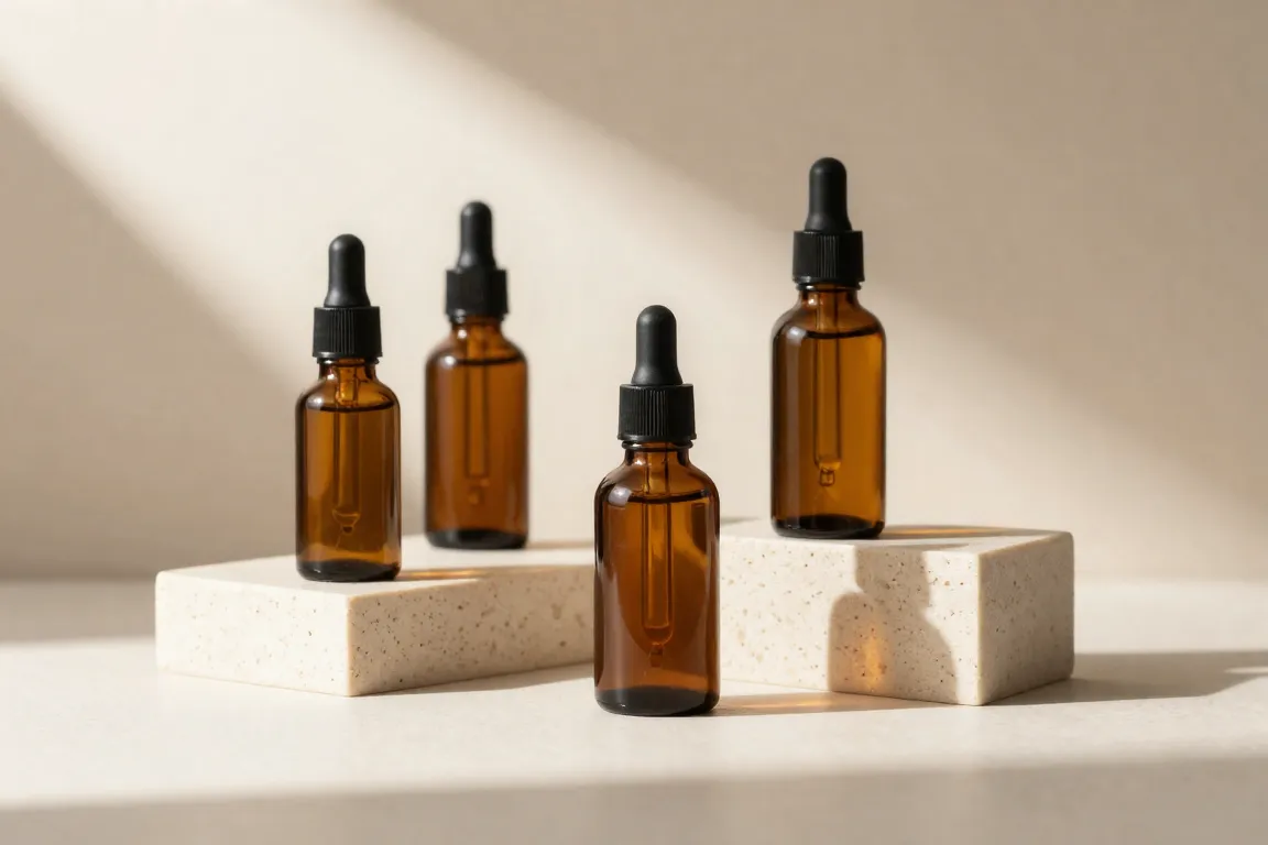 Glass serum bottles for treating melasma and hyperpigmentation resting on stone.