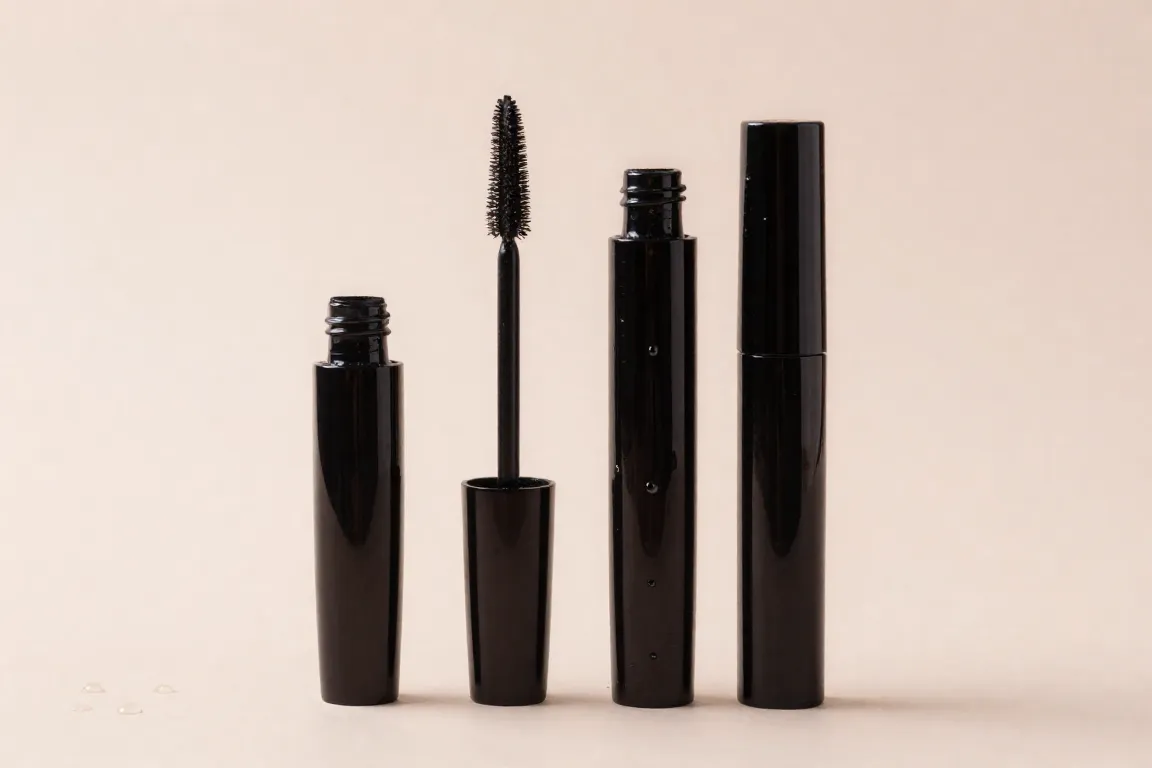 Sleek tubing mascara wands and tubes displayed on a soft pastel surface with water droplets.