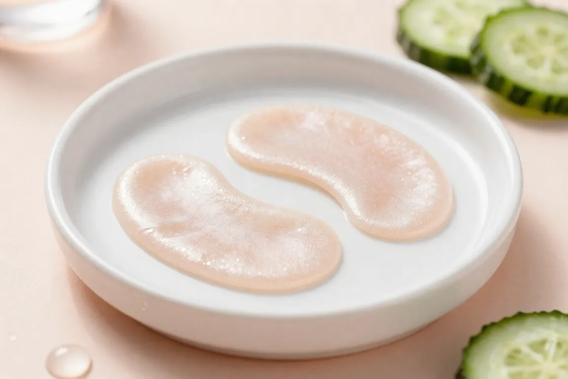 Hydrogel under-eye patches for dark circles and puffiness arranged on a white ceramic tray.