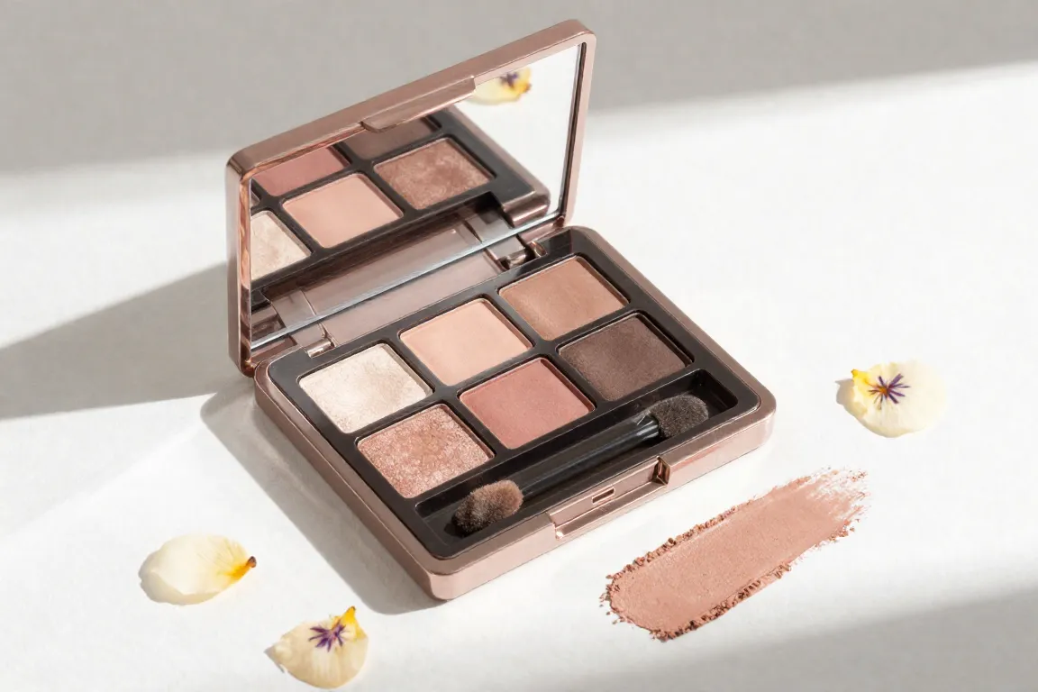 Open hypoallergenic vegan eyeshadow palette with neutral shades on a white studio surface.
