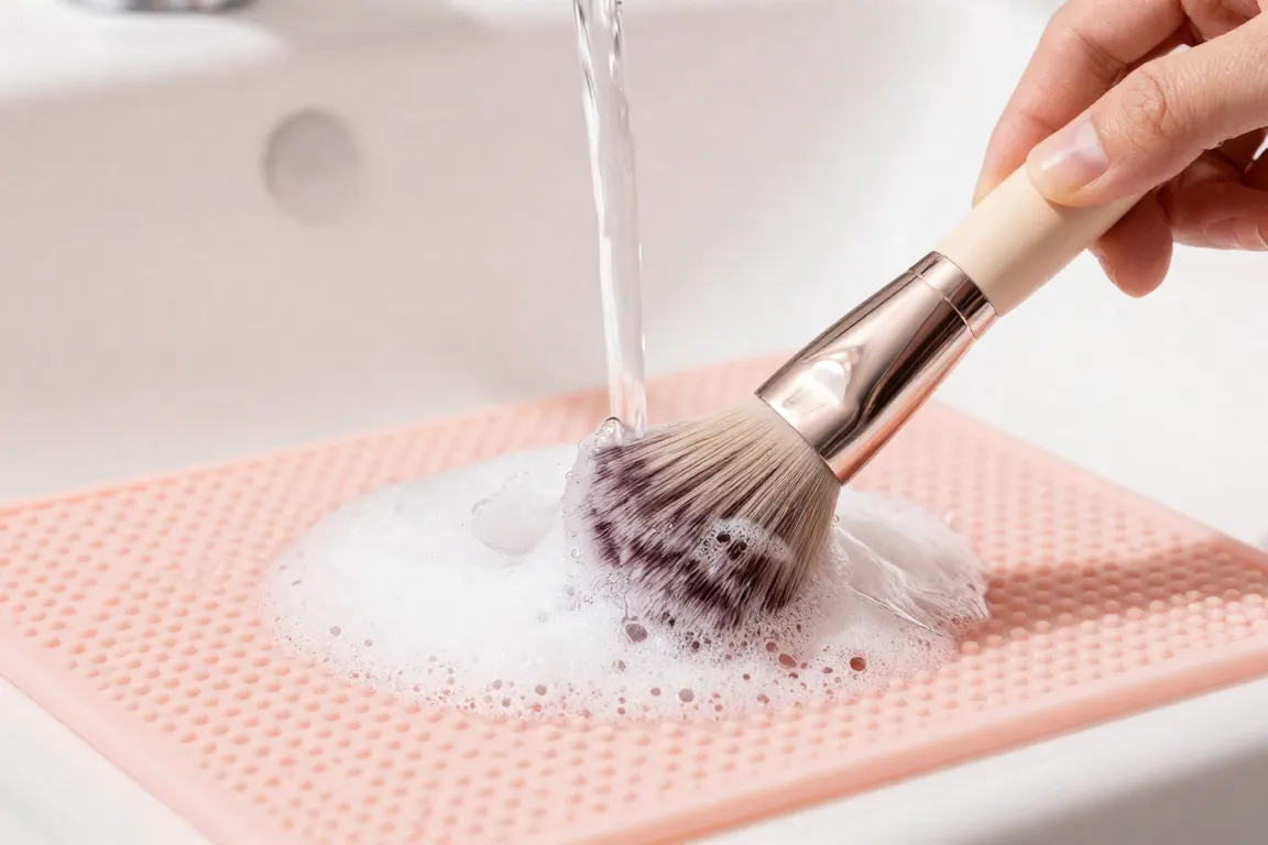 Washing fluffy makeup brushes with gentle soap on a silicone cleansing pad under running water.