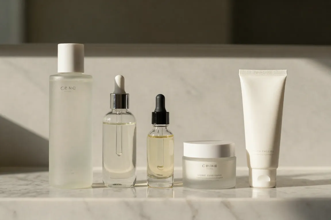 Lineup of skincare products on a bathroom counter showing the correct routine application steps.