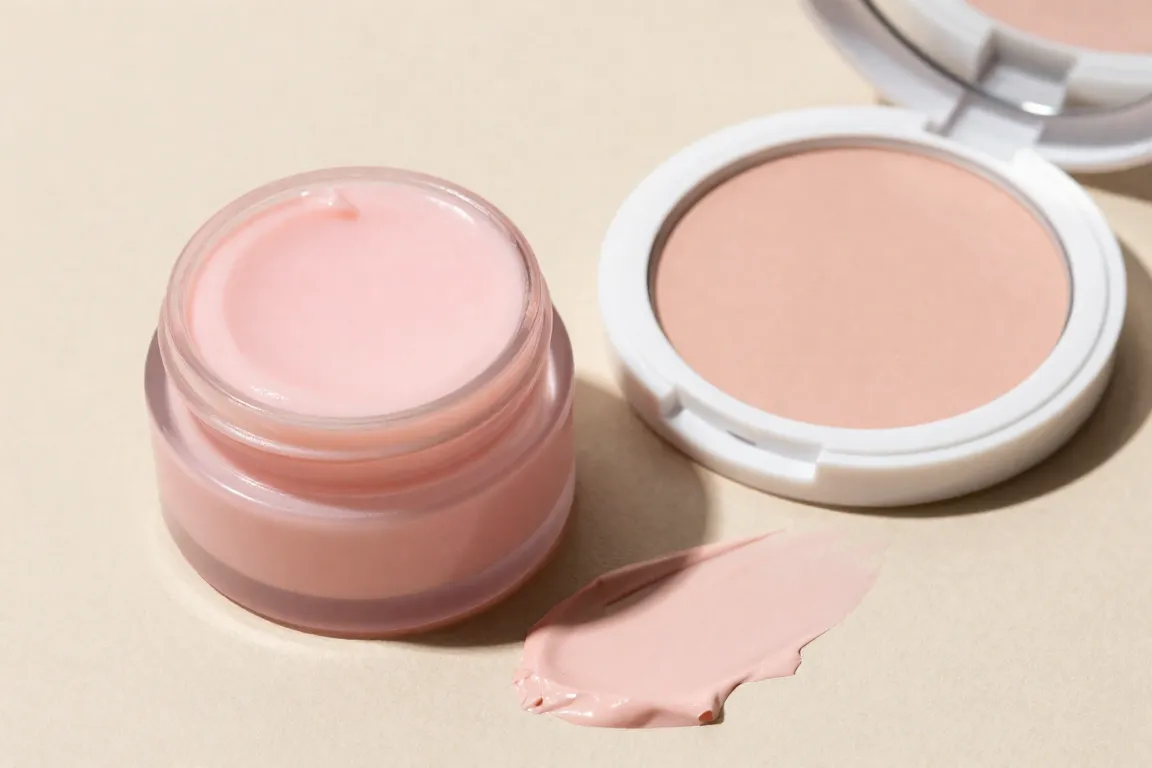 Side-by-side comparison of a cream blush pot and a pressed powder blush compact for oily skin.