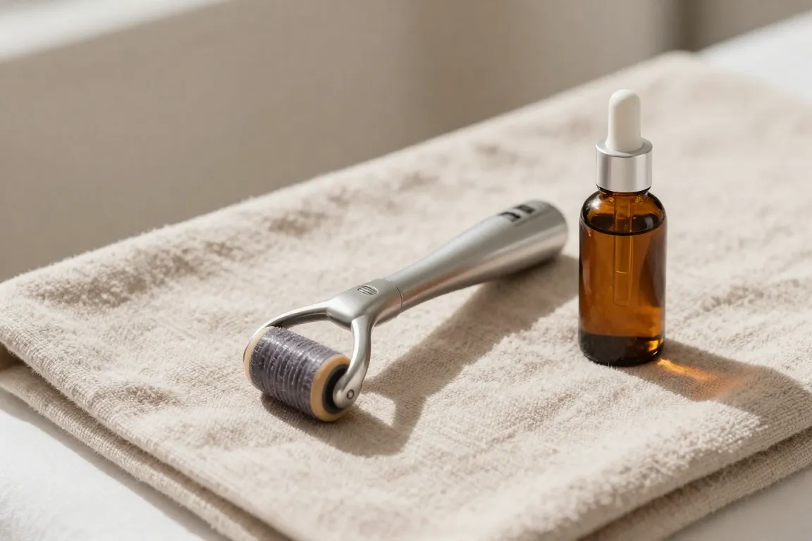 A sanitised derma roller and hyaluronic acid serum bottle prepared safely on a clean surface.