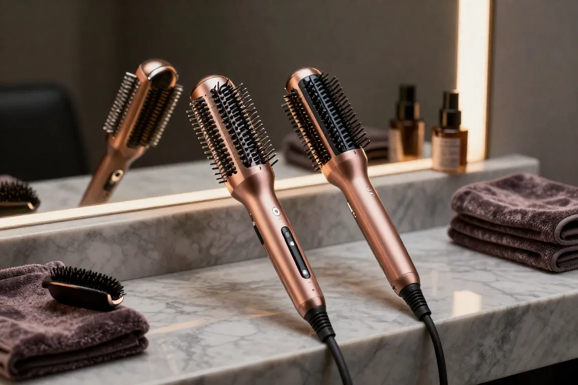 Side by side comparison of Dyson Airwrap and Shark FlexStyle hair stylers on a marble vanity.