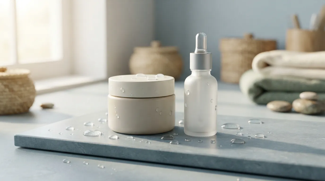 Soothing skin barrier repair cream and hydration serum displayed on stone slab.