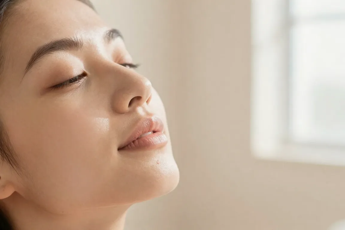 Macro shot of clear skin texture alongside soothing skincare drops for fungal acne treatment.
