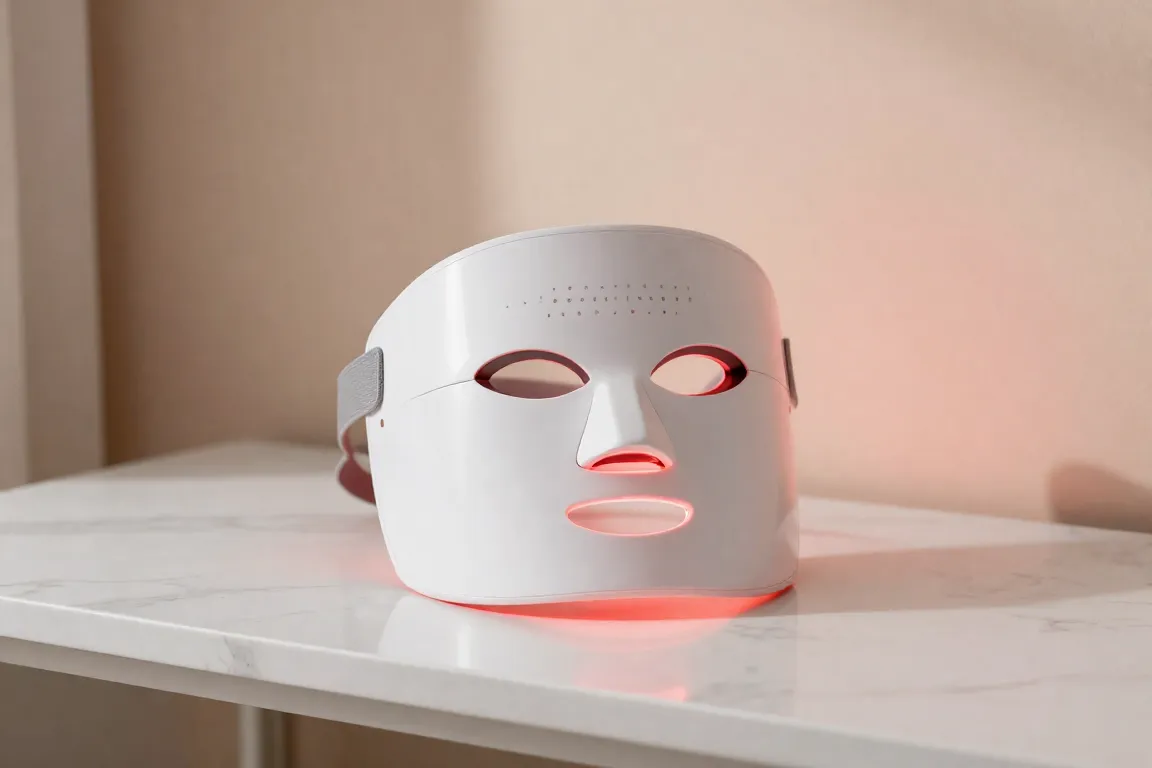 A glowing red light LED face mask resting on a modern marble vanity desk for light therapy treatment.