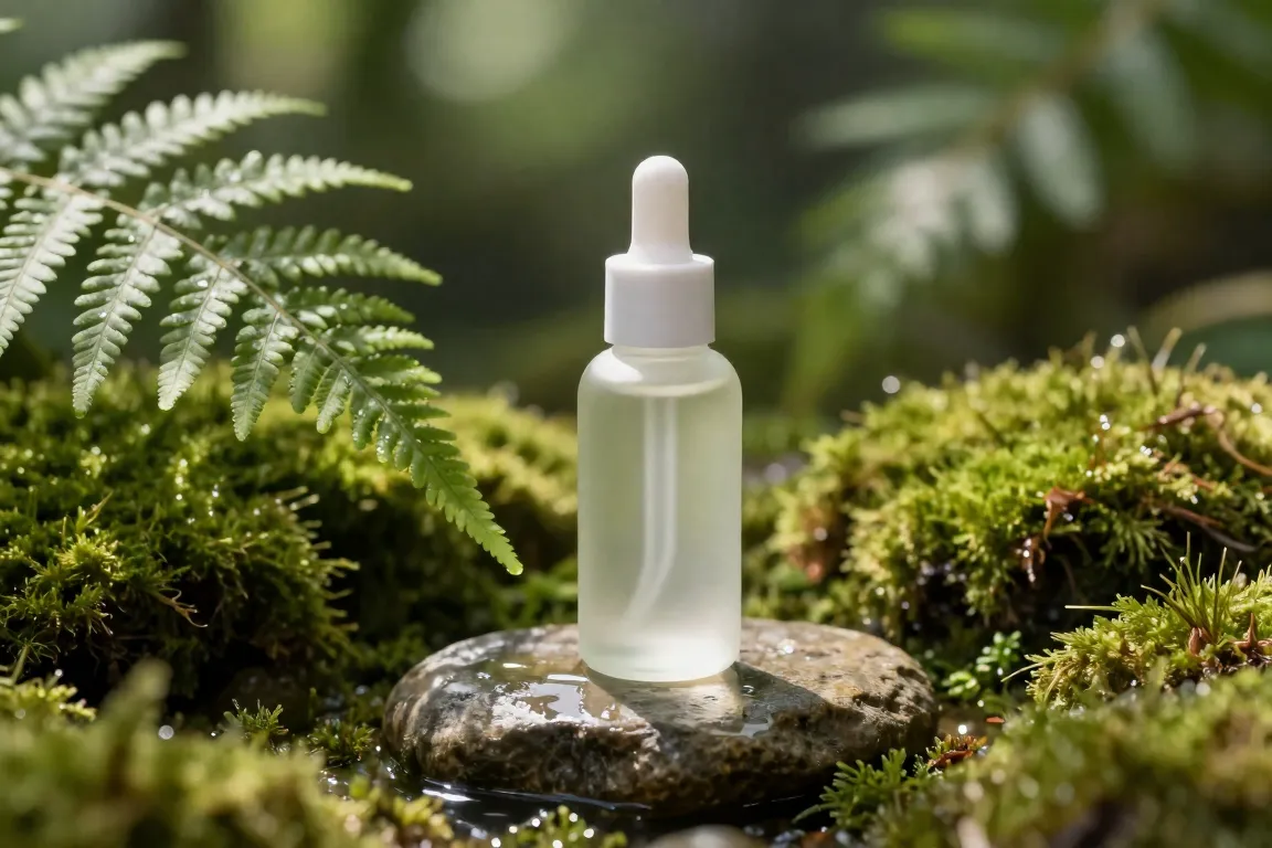 Clear hydration serum bottle on wet stone with green moss representing ethical snail mucin extraction.