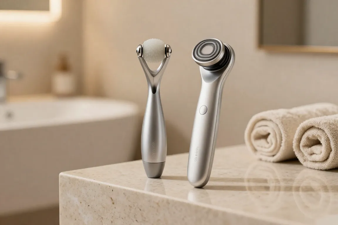 A microcurrent facial wand side by side with a radio frequency skin tightening device on a stone counter.