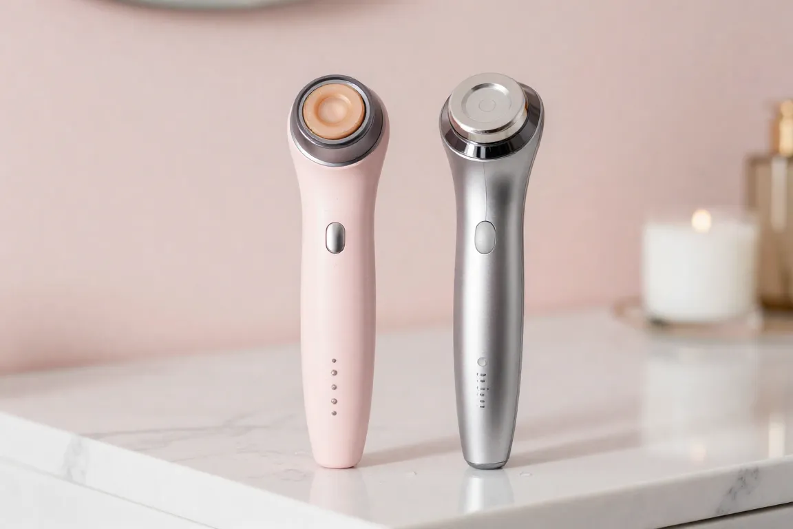 NuFACE Trinity and Foreo Bear microcurrent beauty devices side by side on a marble vanity.
