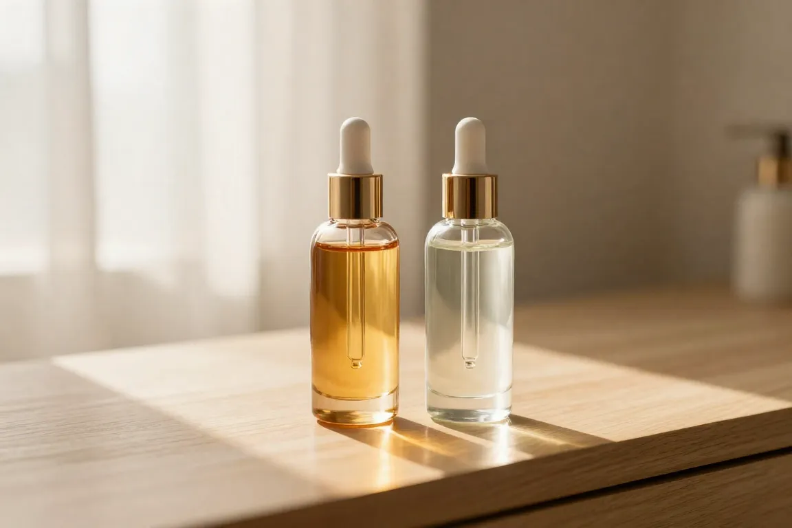 Two luxury glass hair oil bottles side by side on a sunny bathroom vanity.