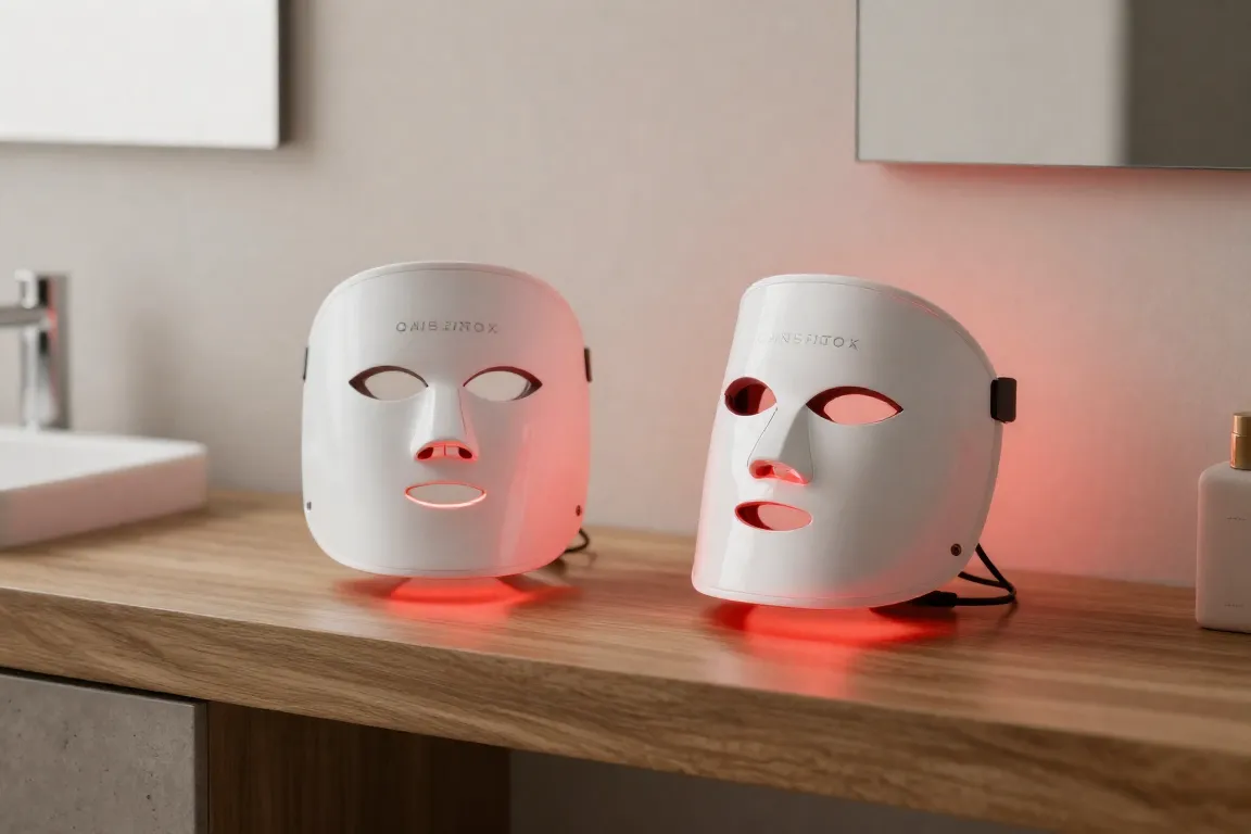 Comparison of Omnilux flexible silicon LED mask and Dr. Dennis Gross rigid LED mask emitting red light on a vanity table.