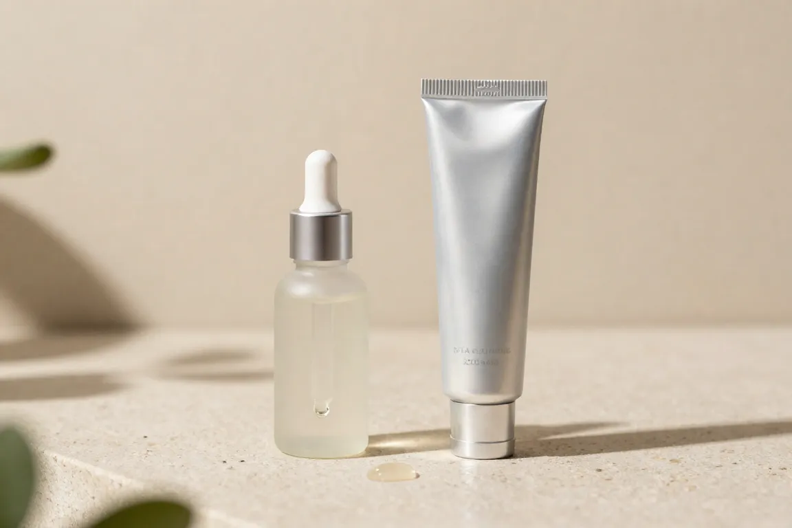 A comparison set of an OTC retinol serum bottle next to a prescription tretinoin tube on a stone vanity.