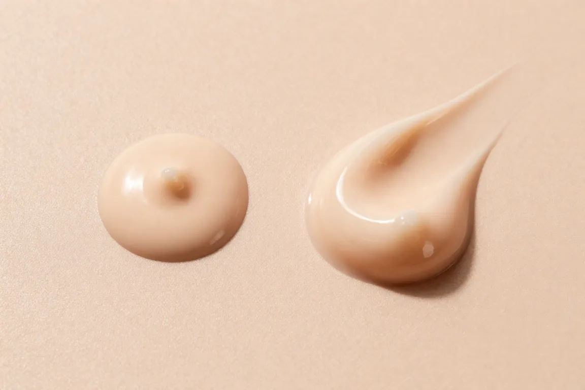 Macro texture shot comparing water-based fluid drops and silicone primer gel to prevent makeup pilling.
