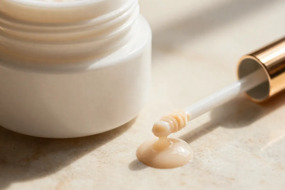 Hydrating under-eye cream jar and concealer wand displayed on marble for crease-free makeup application.