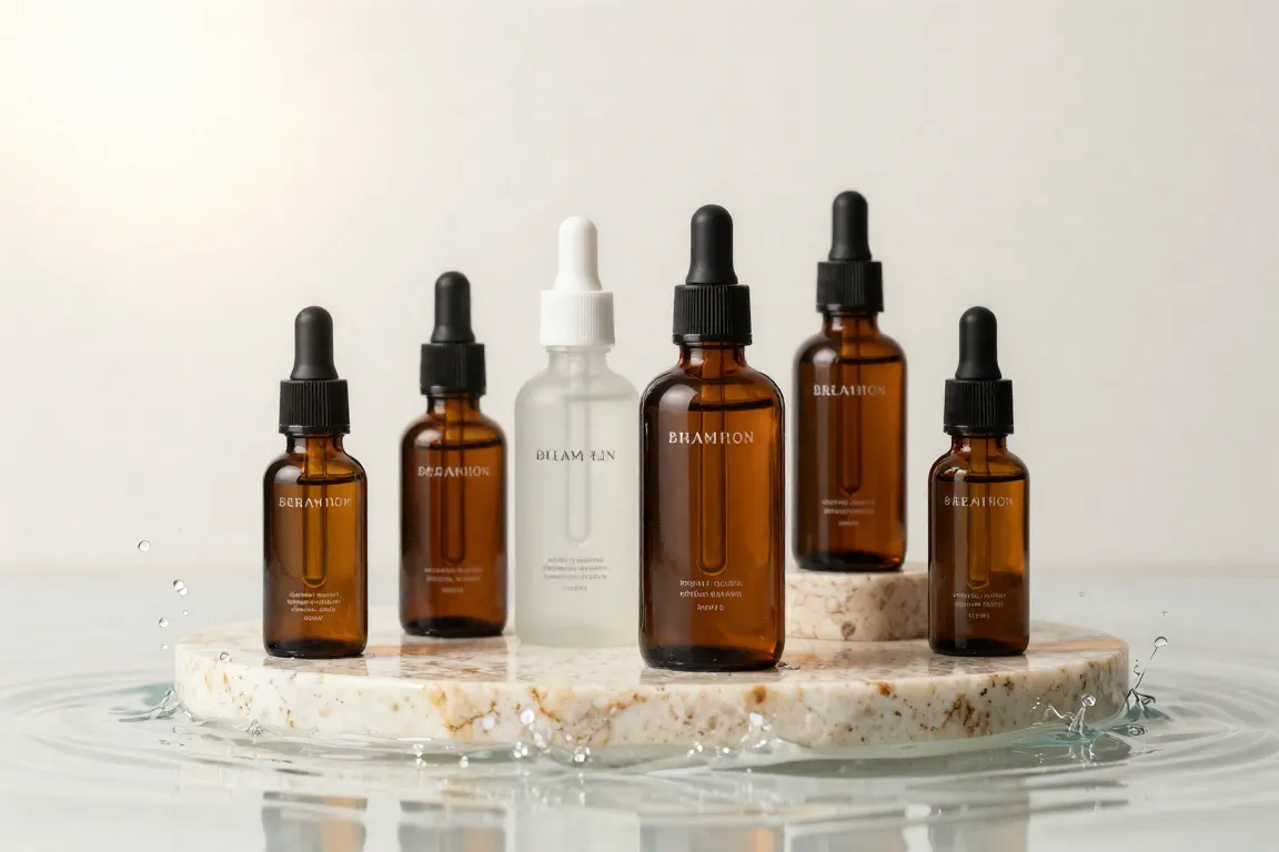 Dark amber glass vitamin C serum bottle on stone designed to protect formula from oxidizing.