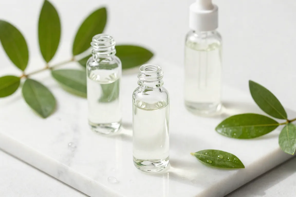 Minimalist clear glass cosmetic bottles on white marble representing non-toxic clean beauty standards.