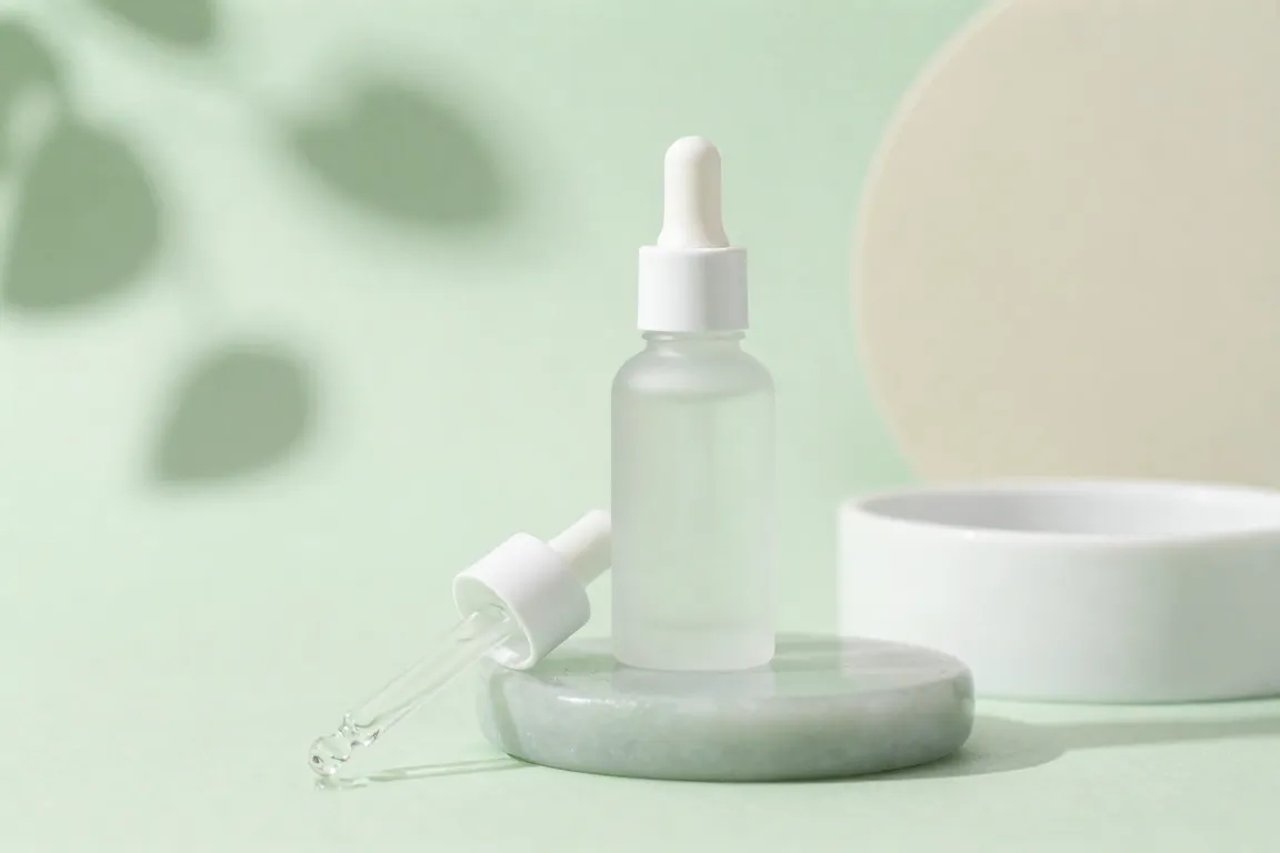 Soothing azelaic acid serum dropper bottles displayed on cool ceramic stone for rosacea relief.