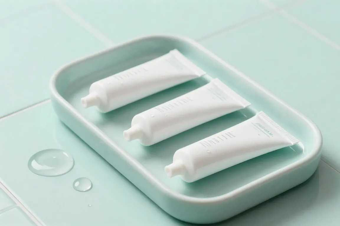 Benzoyl peroxide spot treatment tubes and clear gel swatches for cystic acne on a ceramic tray.