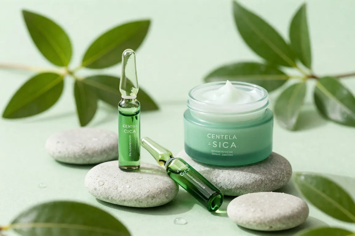 Centella Asiatica skincare ampoules and creams arranged on river stones for redness relief.