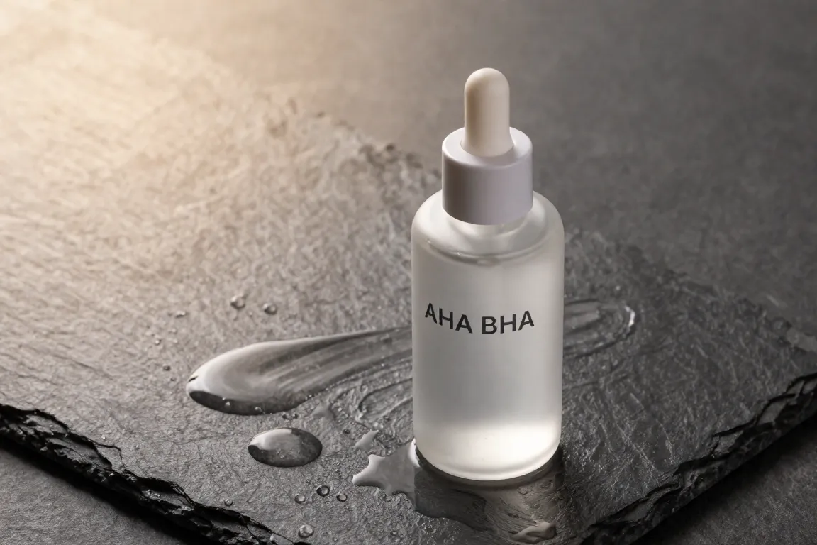 AHA BHA chemical exfoliant serum bottle and liquid swatch on a wet stone surface.