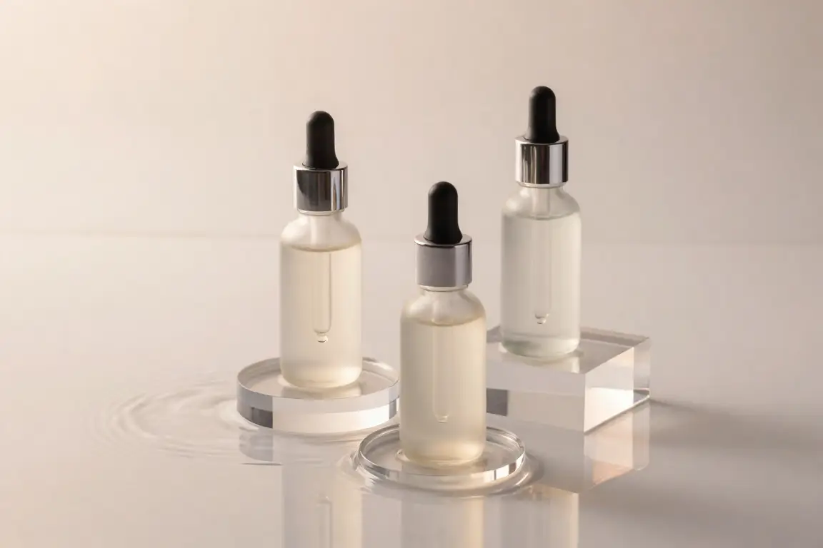Glass dropper bottles of gentle lactic acid exfoliator set on acrylic stands with water ripples.