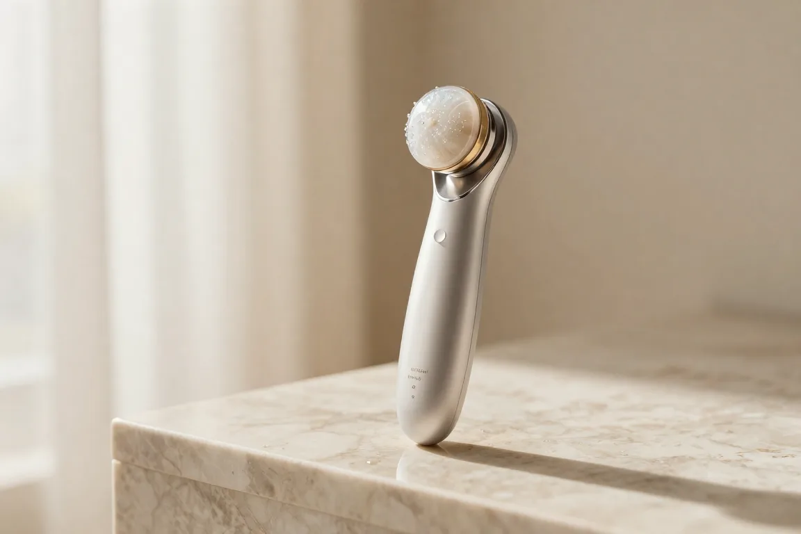 Sleek microcurrent facial sculpting device and conductive gel on a marble vanity for neck lifting.