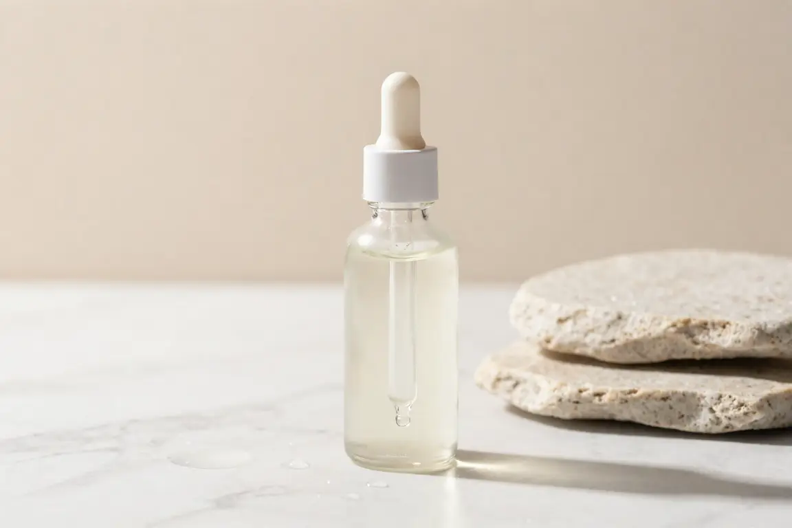 Glass dropper bottle of pore-minimizing niacinamide serum on a sunlit marble vanity.