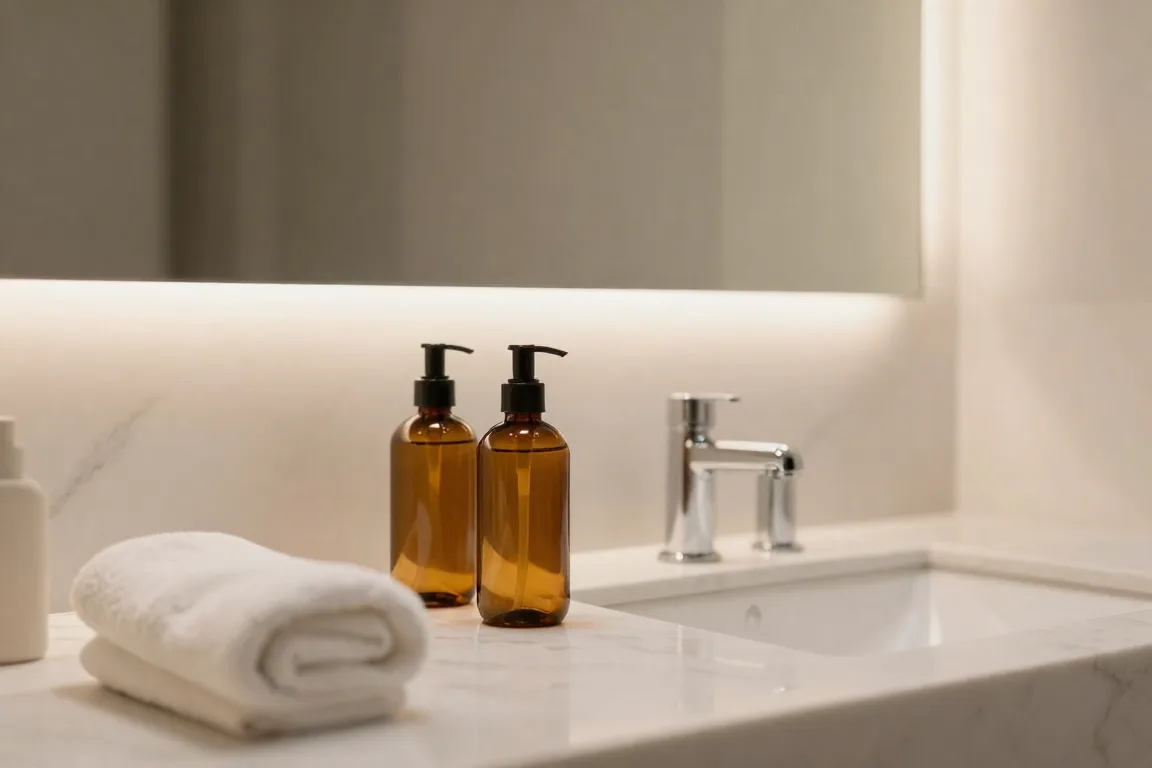 Luxury amber glass oil cleanser bottle on a white marble bathroom vanity setup.