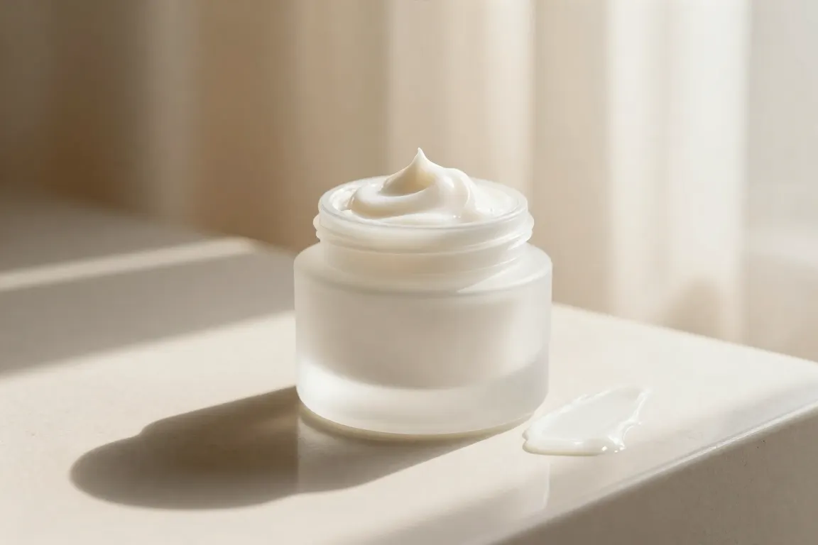 Frosted glass jars of peptide creams with rich moisturizer swatches on a clean ceramic surface.