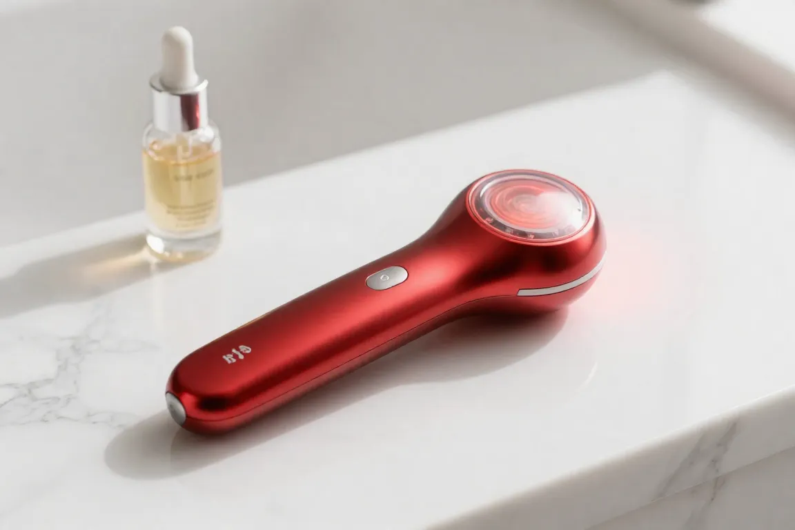 Sleek red light therapy wand emitting glowing red light on a marble countertop for under-eye treatment.