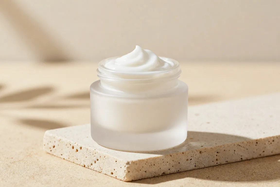 Jar of gentle beginner retinol cream with smooth texture resting on a stone surface.