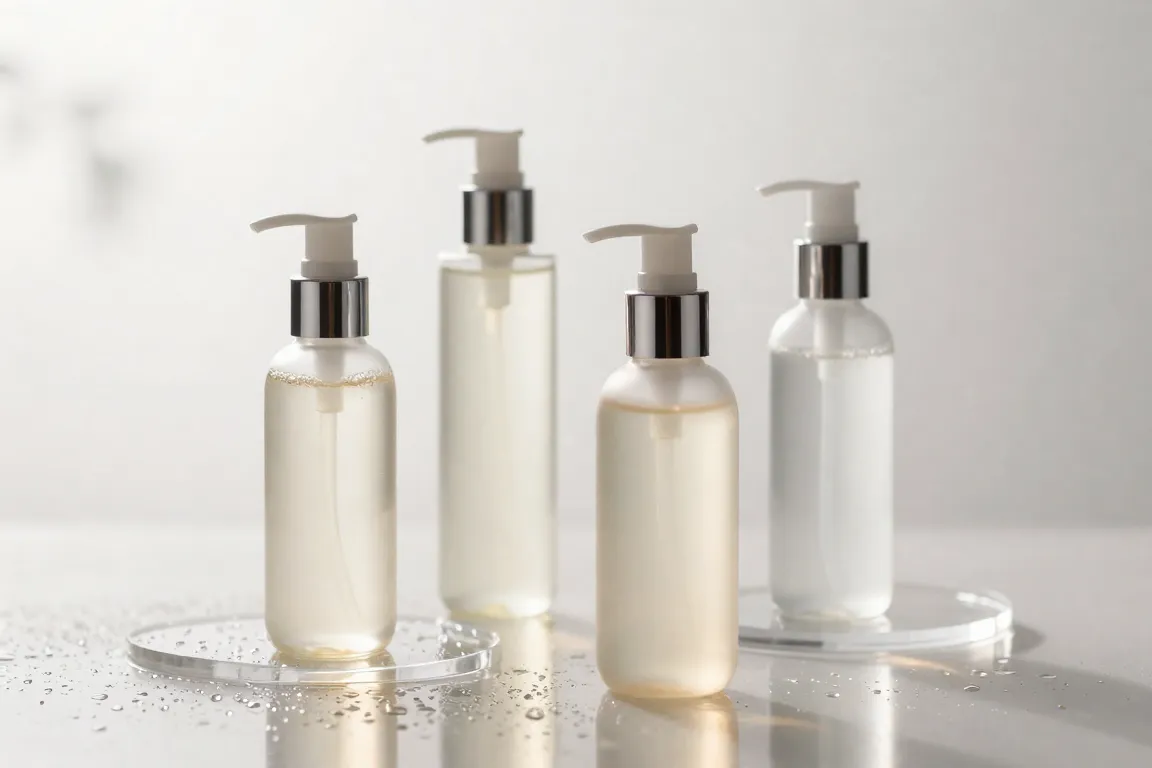 Glass pumps of hydrating Korean snail mucin essence on a dewy surface for glass skin.