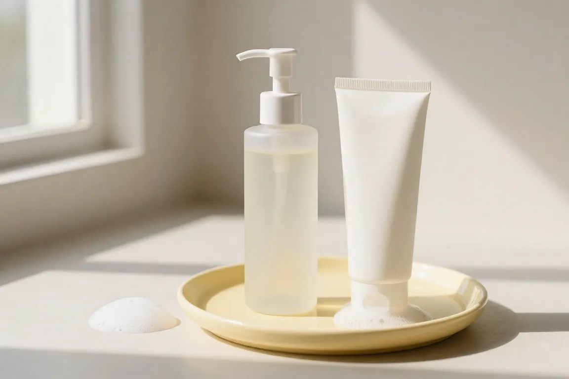 Sulfur acne cleanser bottles resting on a clean ceramic tray with delicate foaming soap lather.
