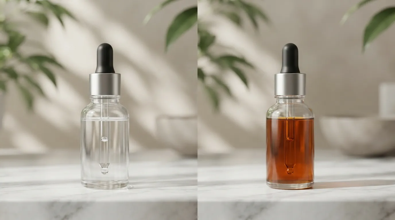 Comparison of clear fresh vitamin C serum next to an oxidized dark orange serum bottle.